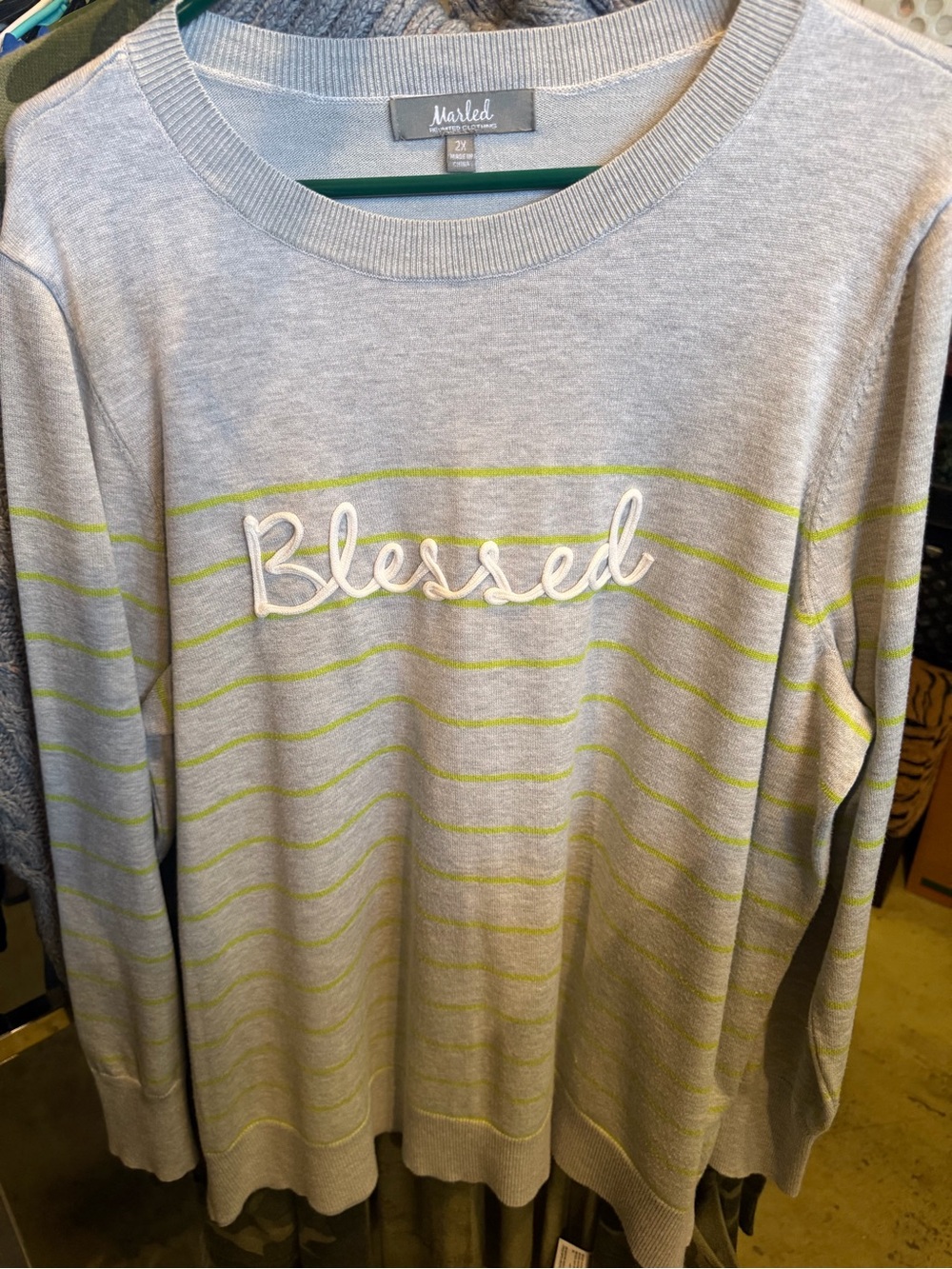 Marled 'Blessed' Striped Crewneck Sweater - Light Gray & Lime